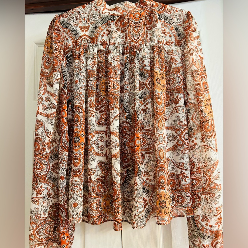 Rachel Zoe BOHO Long Sleeve Sheer Rust and Cream Paisley Button-Down Shirt. - Picture 5 of 7